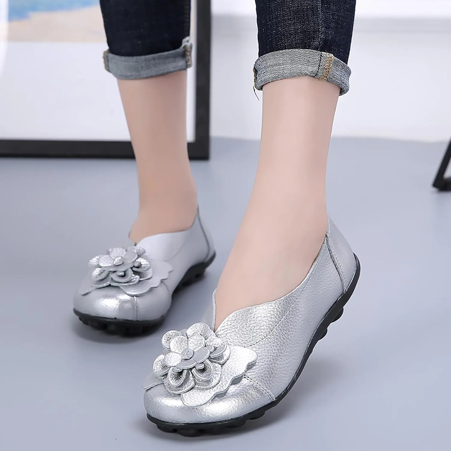 Ballet Flats Shoes for Women Flower Trim Round Vamp Shoes Cowhide Casual Slipper Loafers Cushion Slip-Ons Lightweight Footwear Summer Driving Comfortable Loafers 2025