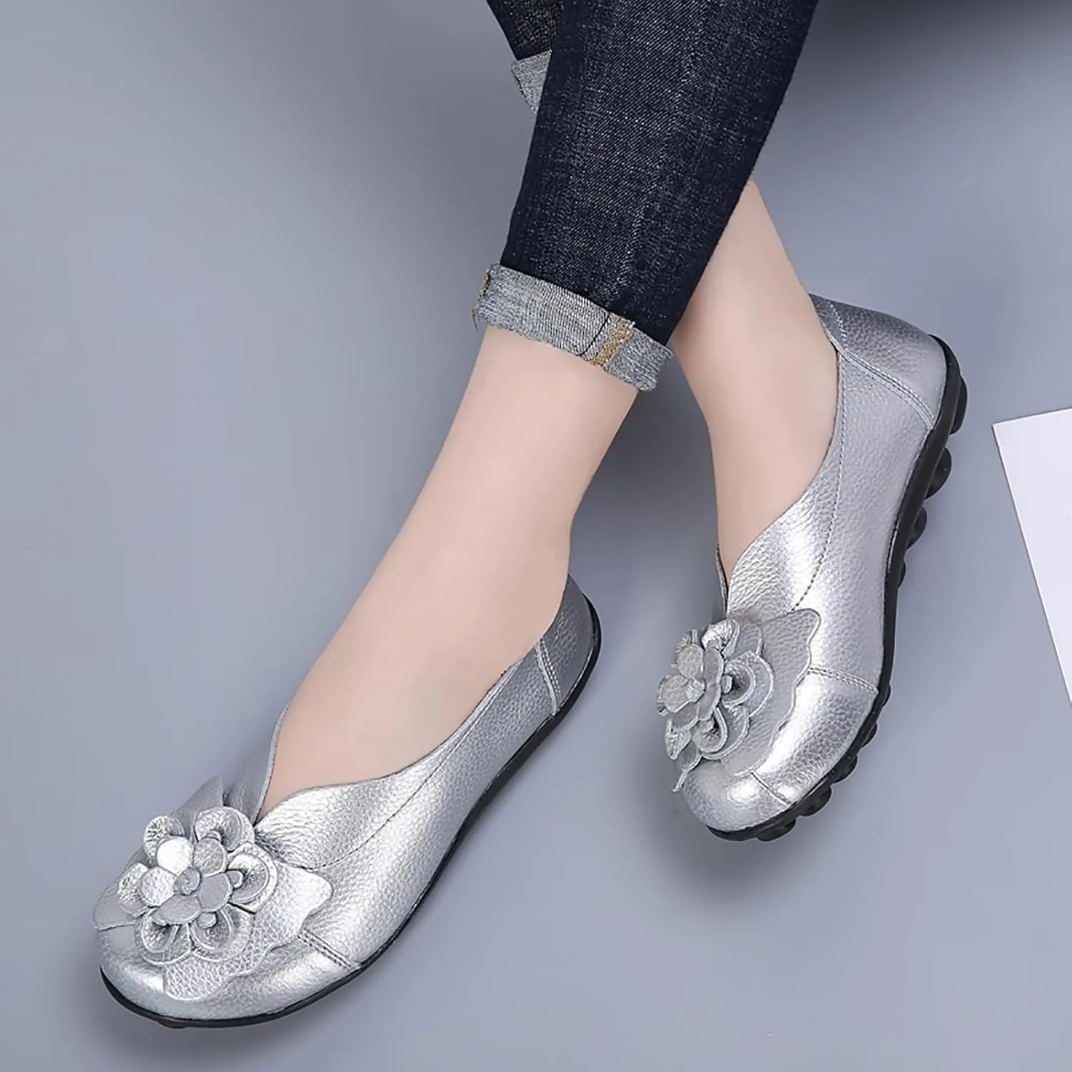 Ballet Flats Shoes for Women Flower Trim Round Vamp Shoes Cowhide Casual Slipper Loafers Cushion Slip-Ons Lightweight Footwear Summer Driving Comfortable Loafers 2025