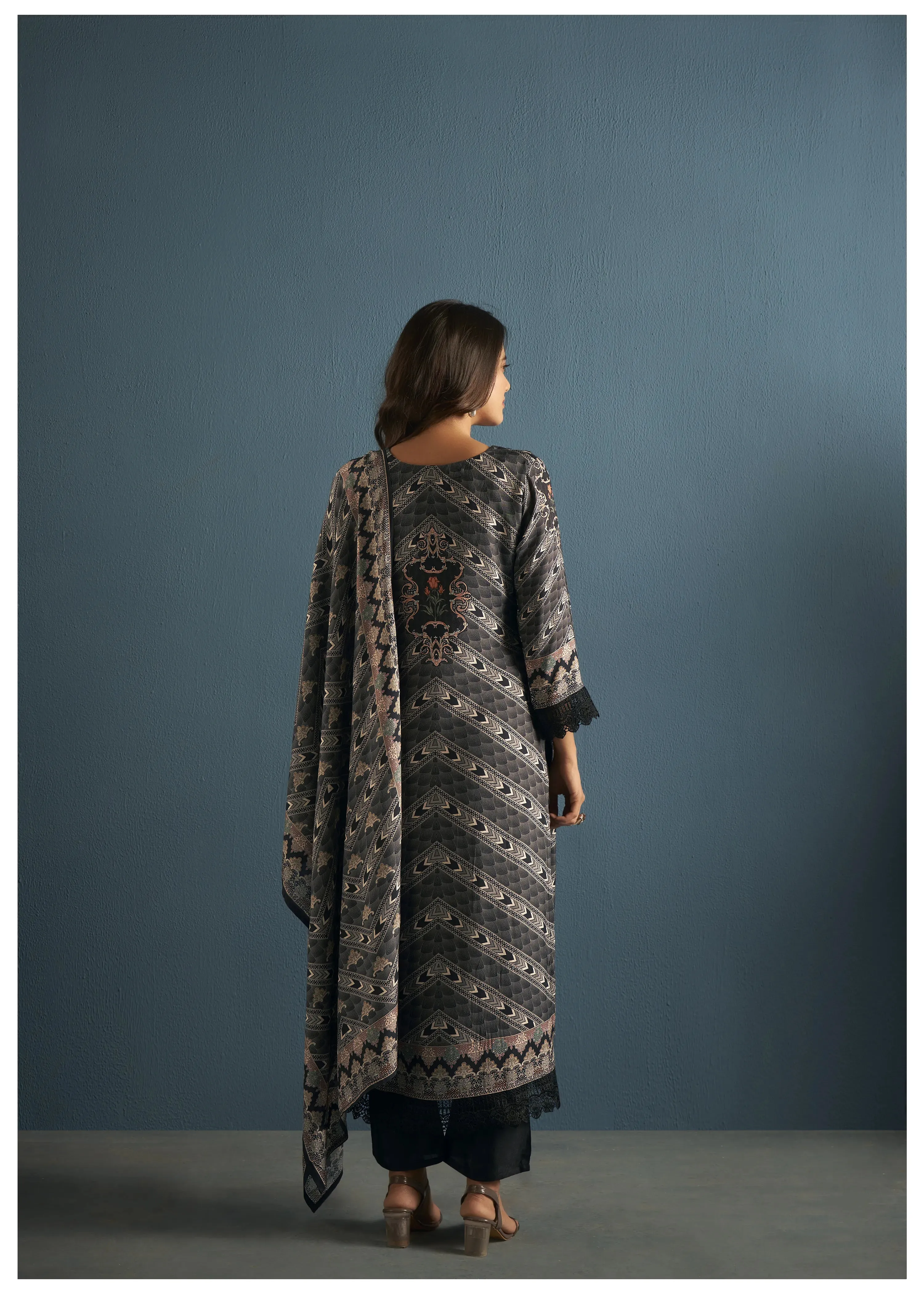 Black And Pastel Printed RhineStone Work Muslin Pakistani Ethnic Set With Dupatta