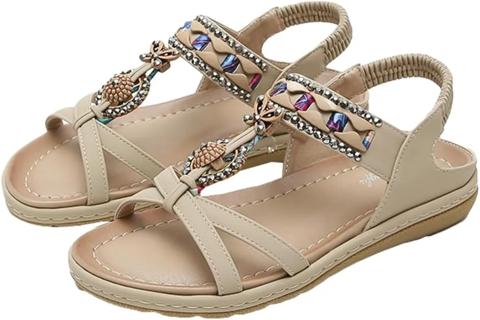 Caistre Flat Sandal for Women Shiny Rhinestone Comfortable Dressy Sandal 2025 Indoor Outdoor Bohemian Beach Open Toe Shoes