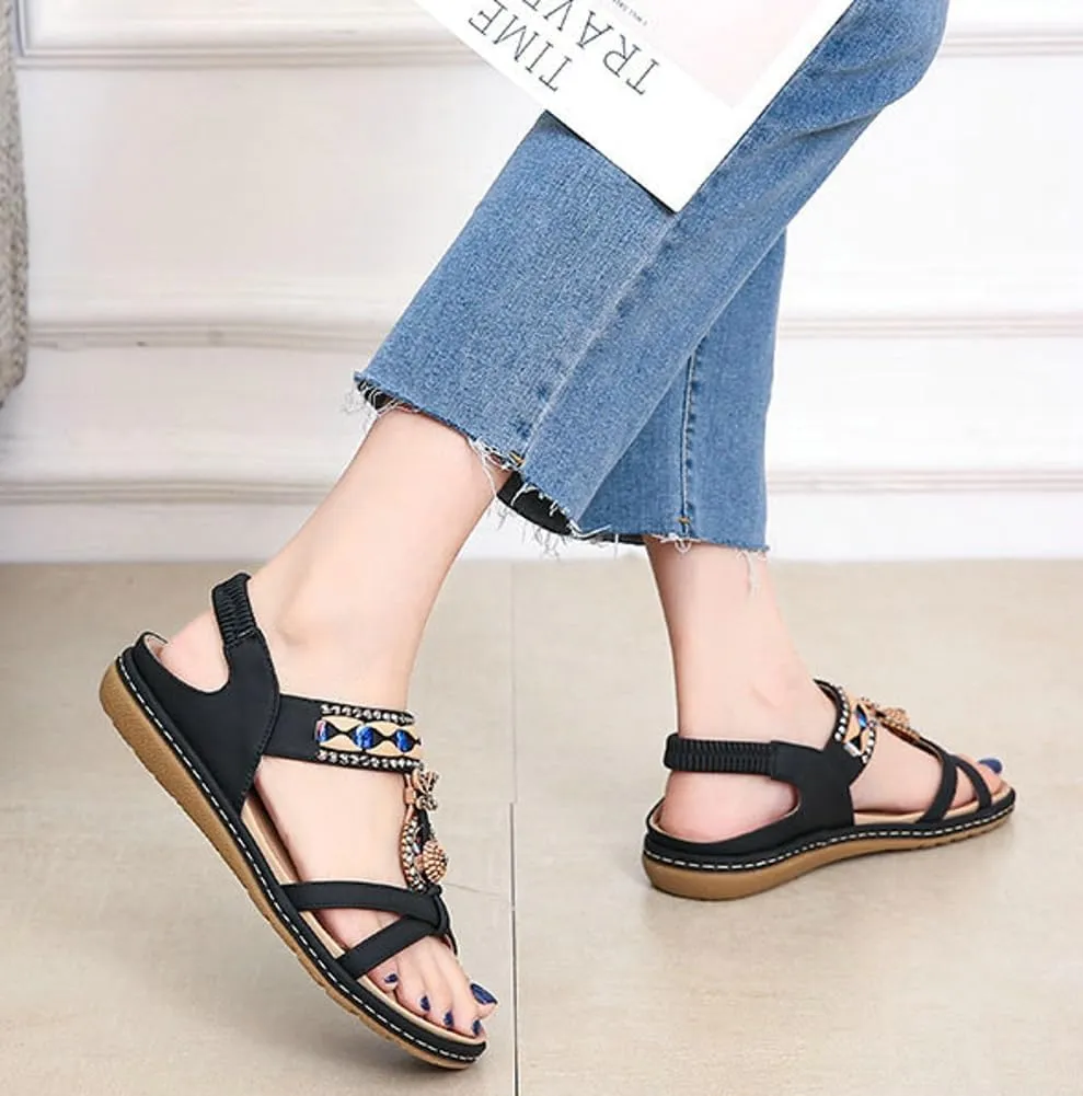 Caistre Flat Sandal for Women Shiny Rhinestone Comfortable Dressy Sandal 2025 Indoor Outdoor Bohemian Beach Open Toe Shoes