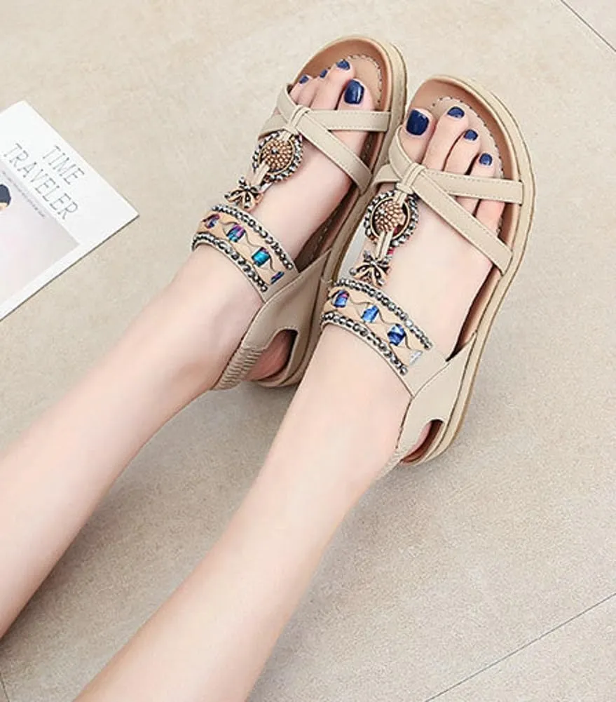 Caistre Flat Sandal for Women Shiny Rhinestone Comfortable Dressy Sandal 2025 Indoor Outdoor Bohemian Beach Open Toe Shoes