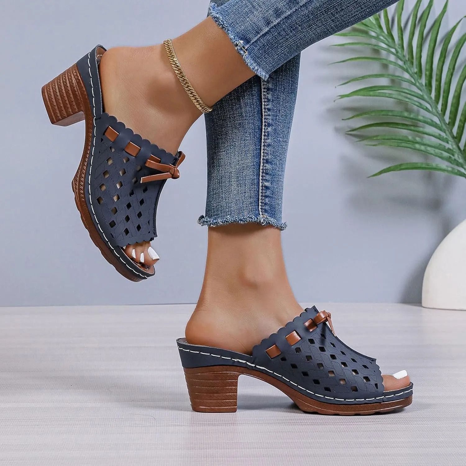 Chunky Heel Sandals for Women Dressy Wedges Slip On Orthopedic Wedge Sandals for Women Comfortable Breathable Fishmouth Vacation Beach Chunky Heels Summer Shoes