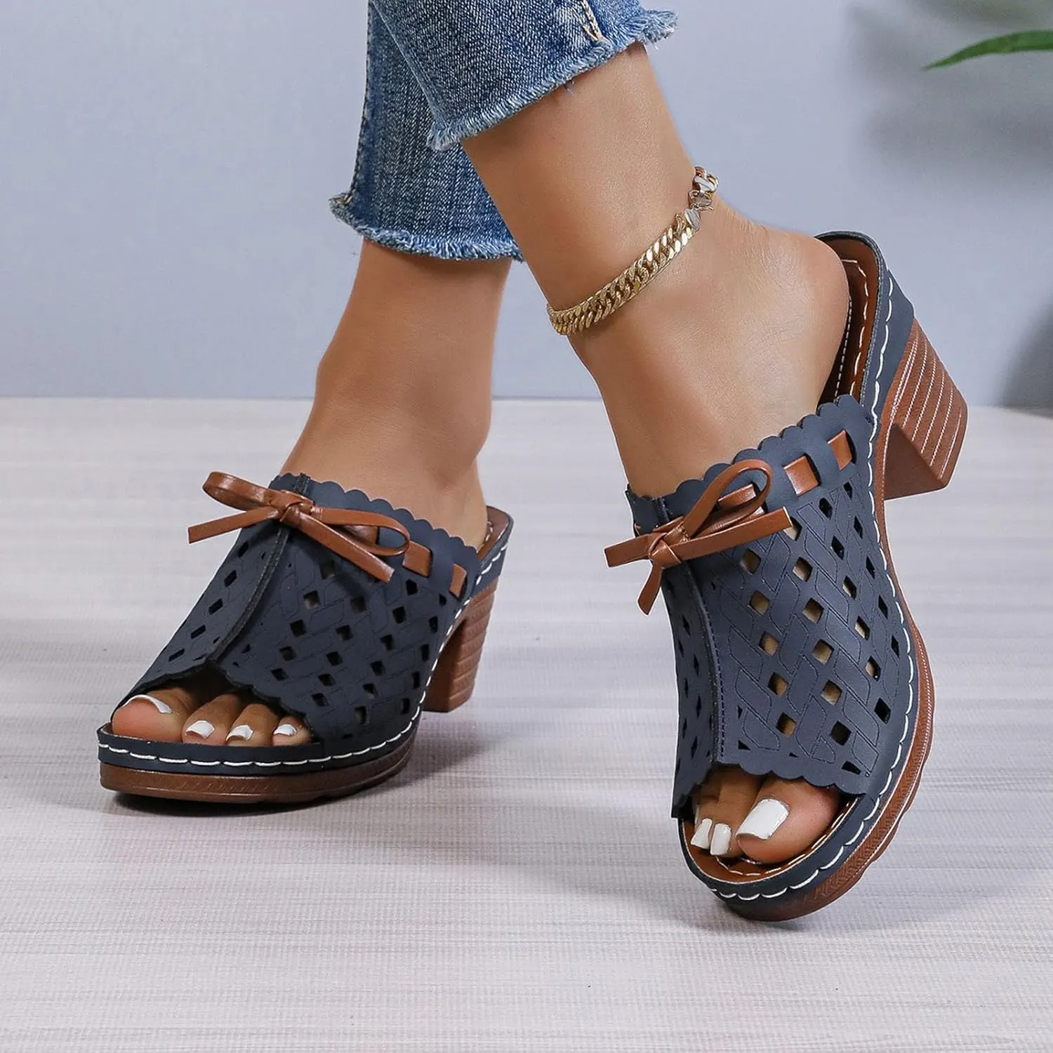 Chunky Heel Sandals for Women Dressy Wedges Slip On Orthopedic Wedge Sandals for Women Comfortable Breathable Fishmouth Vacation Beach Chunky Heels Summer Shoes