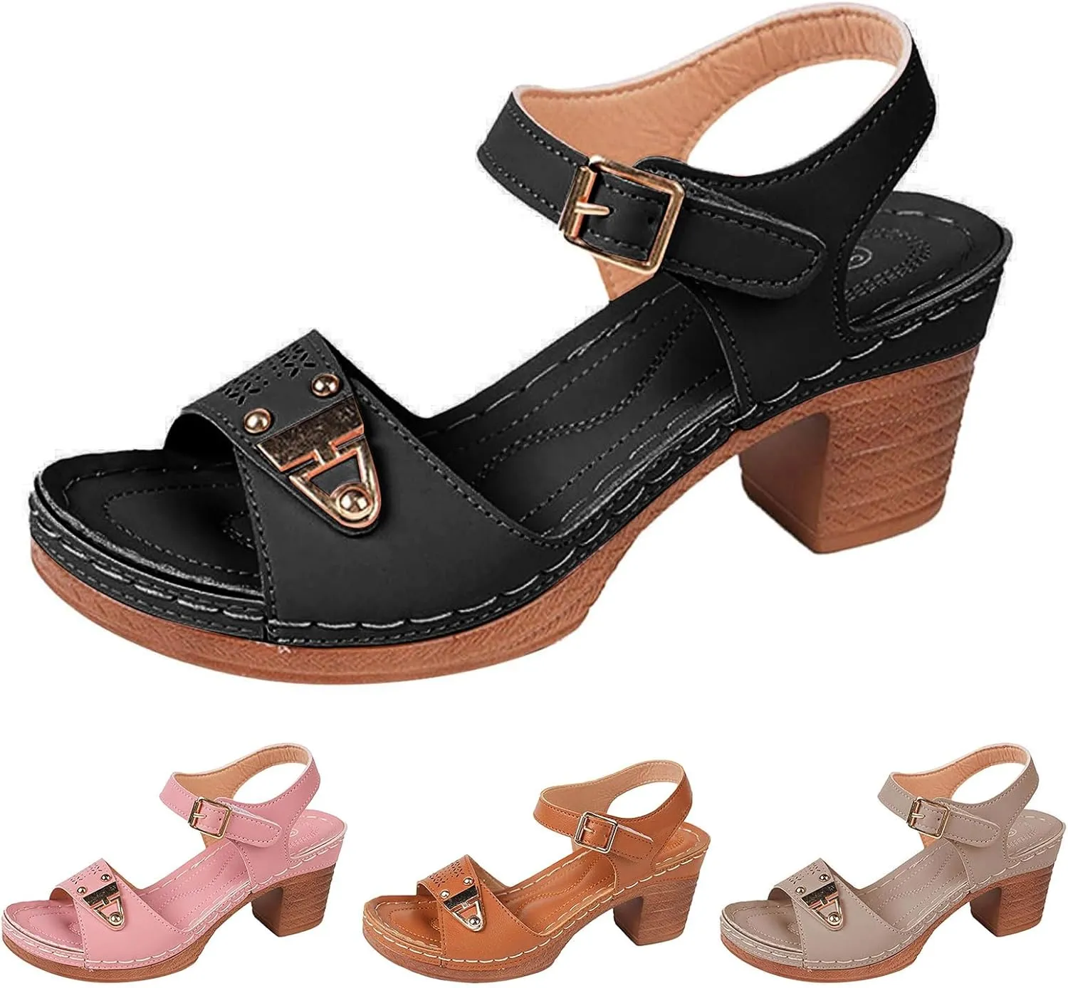 Chunky Heel Sandals for Women Summer High Heel Sandals, Hollow Out Open Toe Breathable Shoes Ankle Strap Platform Wedges Fashion Comfortable Dress Sandal with Arch Support