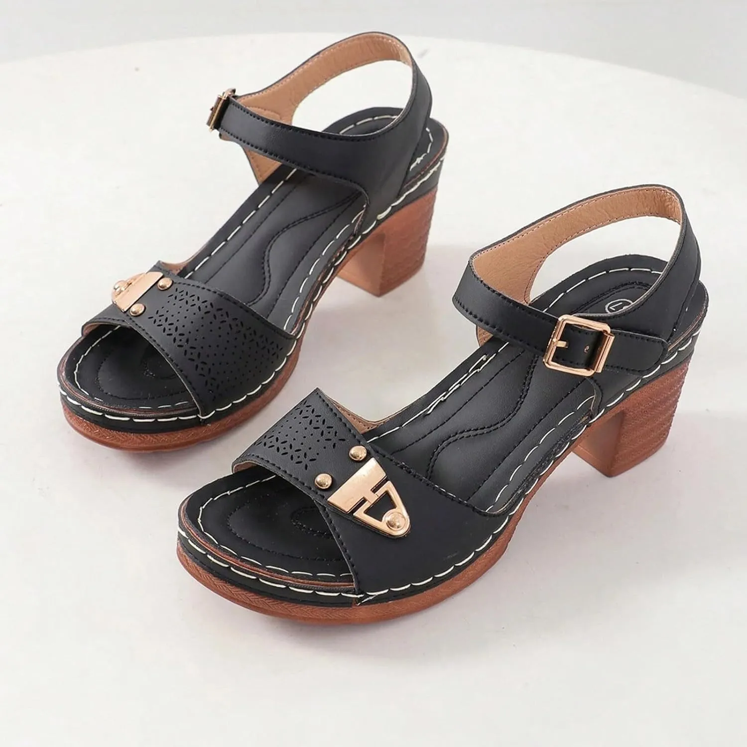 Chunky Heel Sandals for Women Summer High Heel Sandals, Hollow Out Open Toe Breathable Shoes Ankle Strap Platform Wedges Fashion Comfortable Dress Sandal with Arch Support