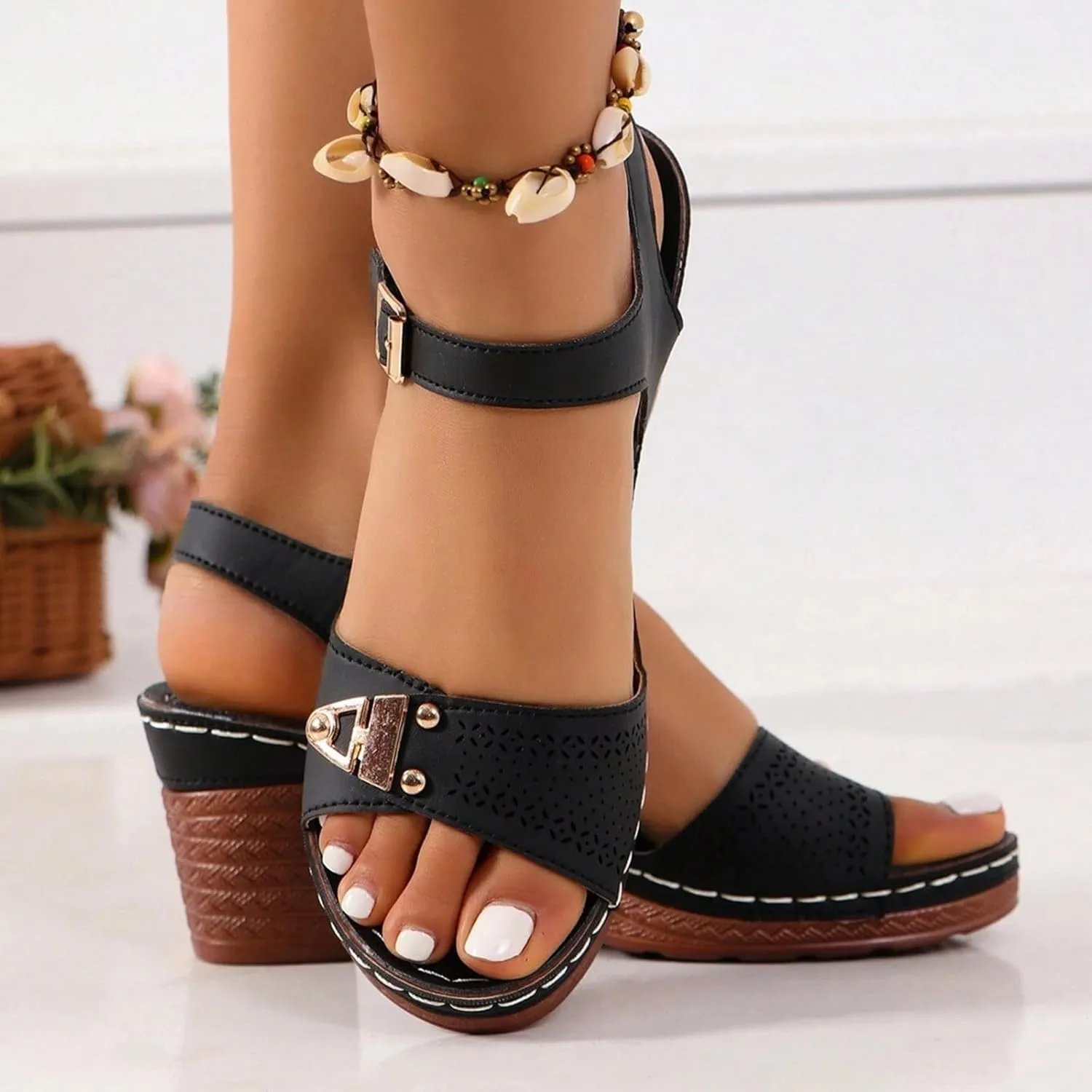 Chunky Heel Sandals for Women Summer High Heel Sandals, Hollow Out Open Toe Breathable Shoes Ankle Strap Platform Wedges Fashion Comfortable Dress Sandal with Arch Support