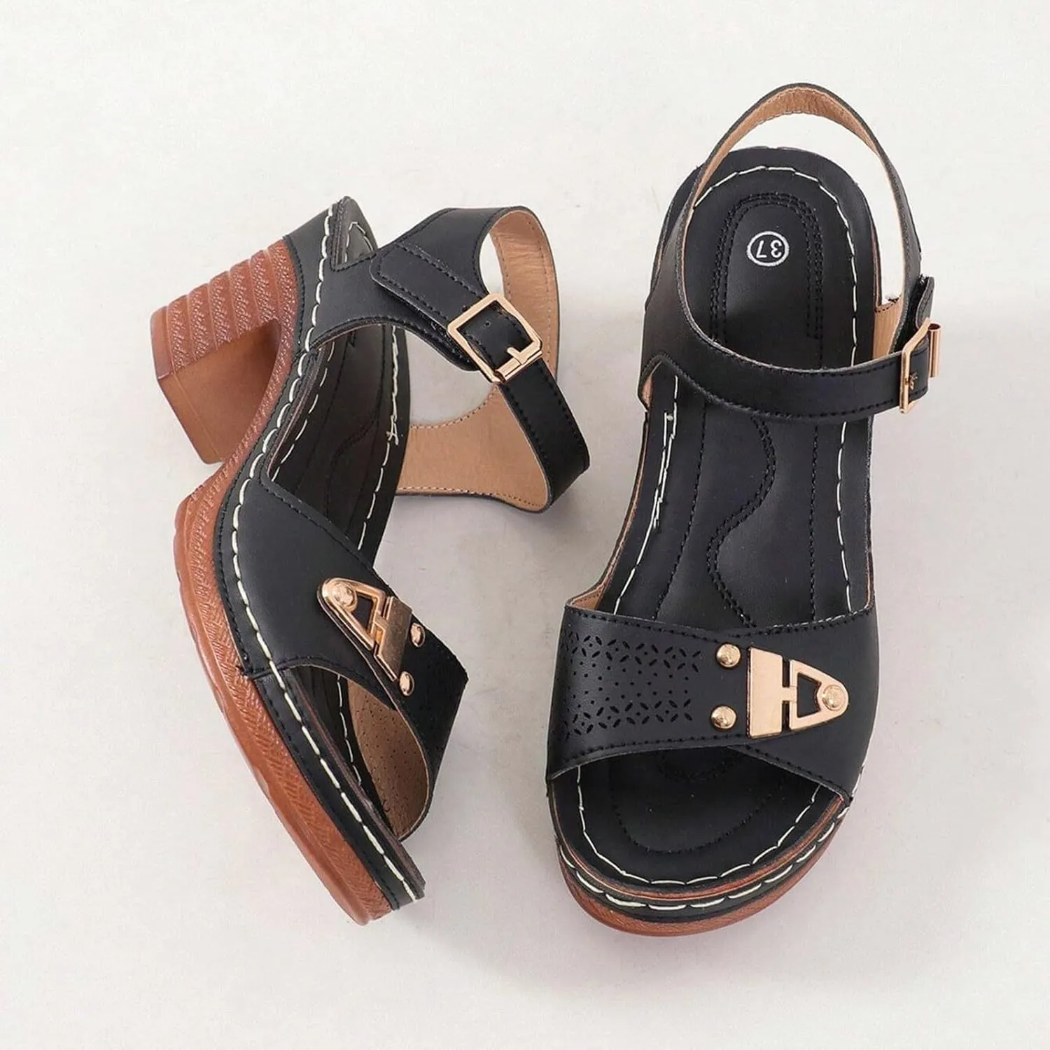 Chunky Heel Sandals for Women Summer High Heel Sandals, Hollow Out Open Toe Breathable Shoes Ankle Strap Platform Wedges Fashion Comfortable Dress Sandal with Arch Support