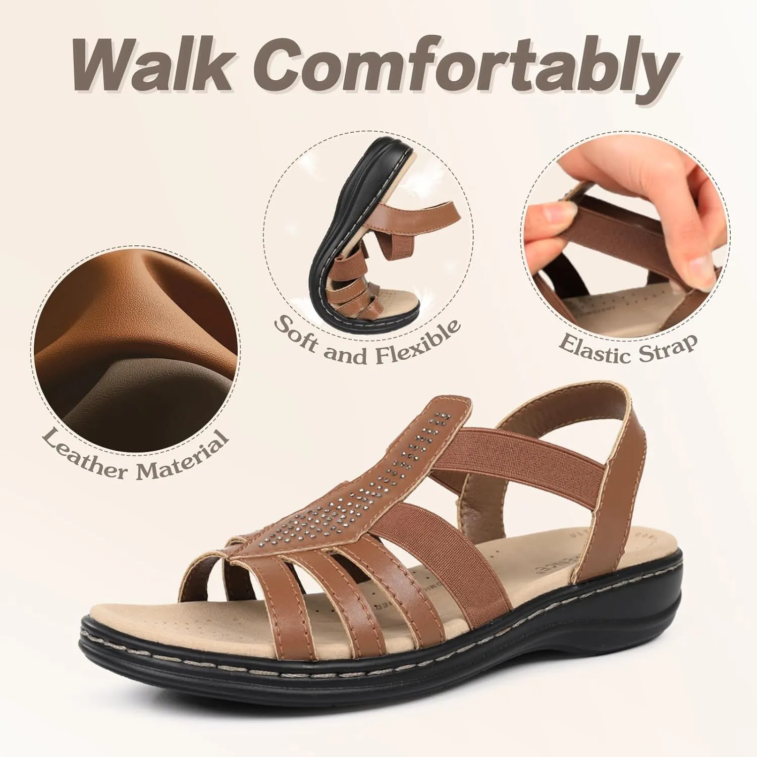 CIOR Leather Women Sandals with Arch Support, Comfortable Memory Foam Summer Beach Sandals Shoes