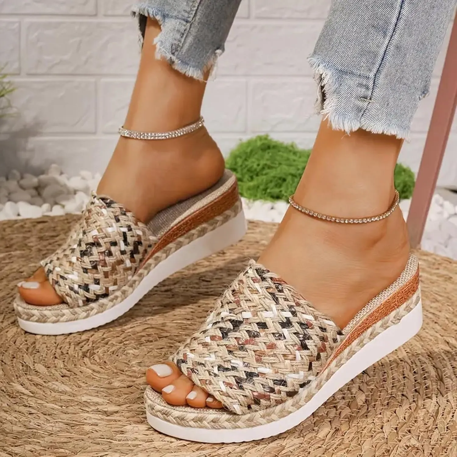 Espadrilles Wedge Sandals for Women 2025 Dressy Orthopedic Woven Open Toe Casual Slip On Platform Sandals Women Comfortable Wide Width Walking Dress Slides Shoes for Beach Vacation