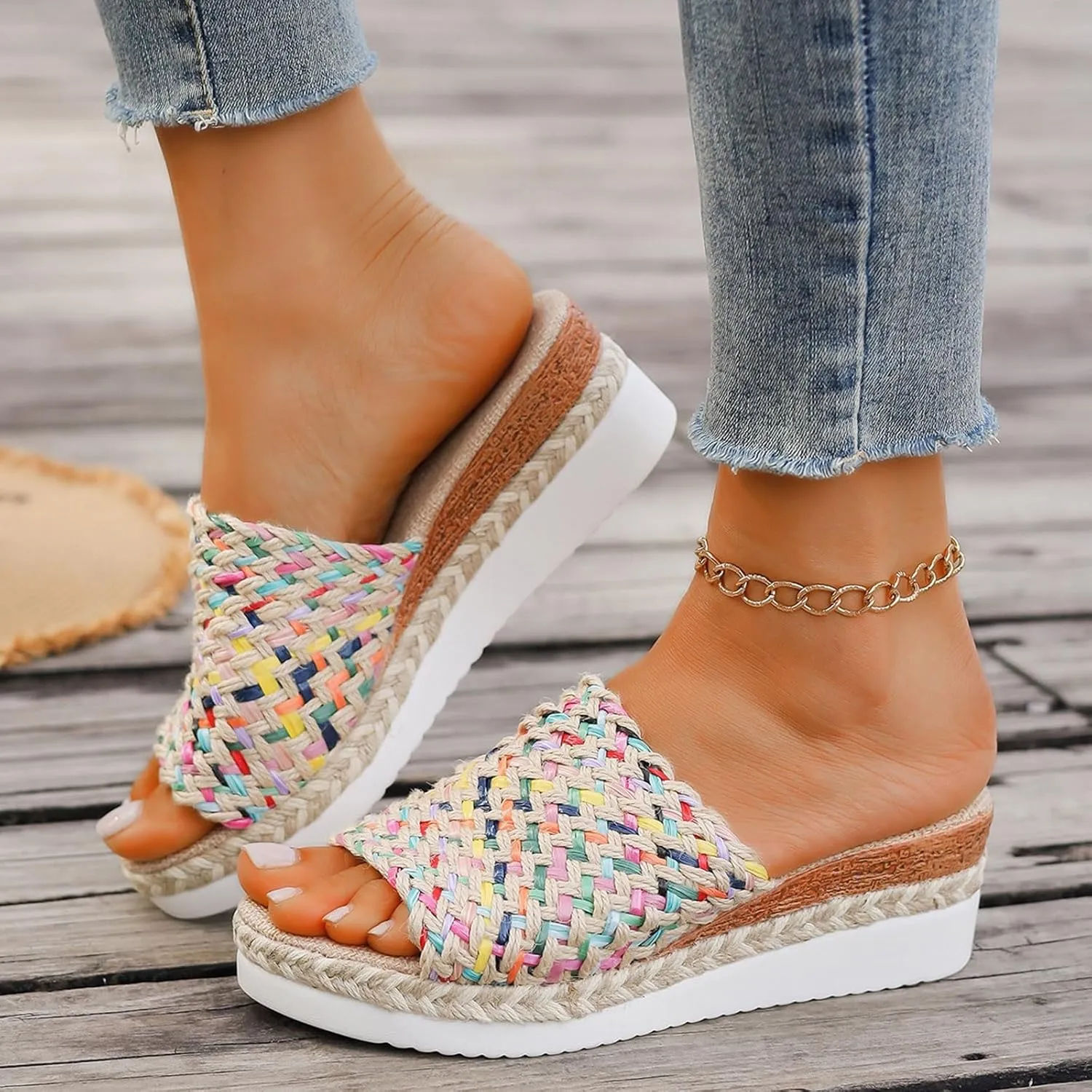 Espadrilles Wedge Sandals for Women 2025 Dressy Orthopedic Woven Open Toe Casual Slip On Platform Sandals Women Comfortable Wide Width Walking Dress Slides Shoes for Beach Vacation