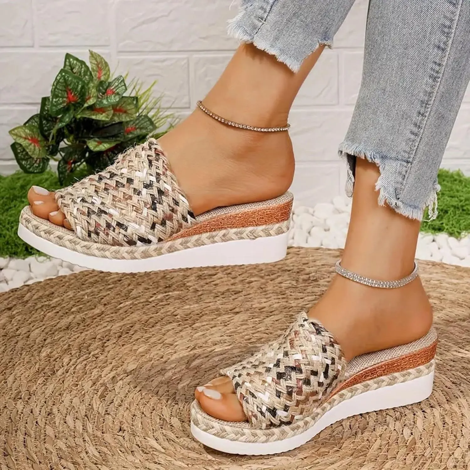 Espadrilles Wedge Sandals for Women 2025 Dressy Orthopedic Woven Open Toe Casual Slip On Platform Sandals Women Comfortable Wide Width Walking Dress Slides Shoes for Beach Vacation