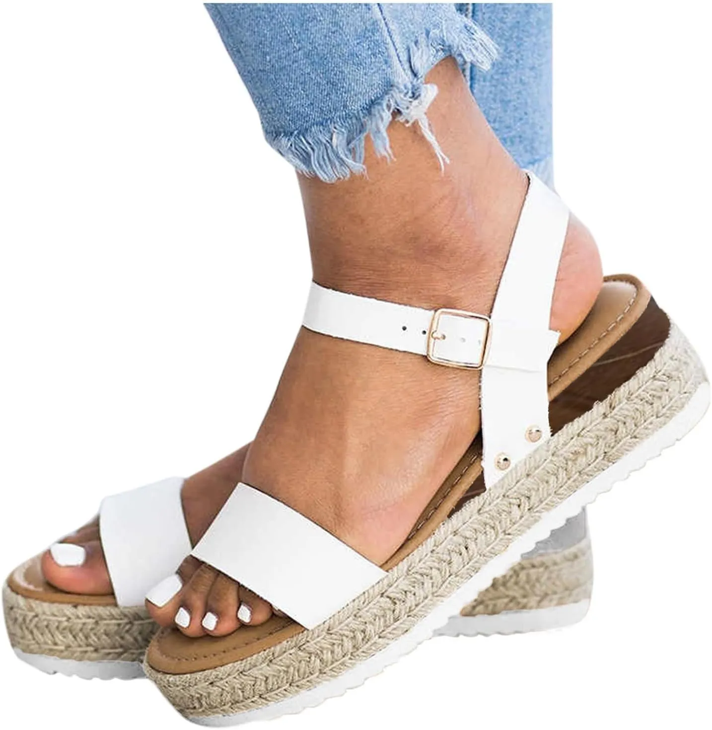 Espadrilles Wedges for Women Dressy Casual Open Toe Buckle Ankle Strap Espadrilles Flatform Wedge Sandals for Women Summer Beach Comfortable Walking Shoes