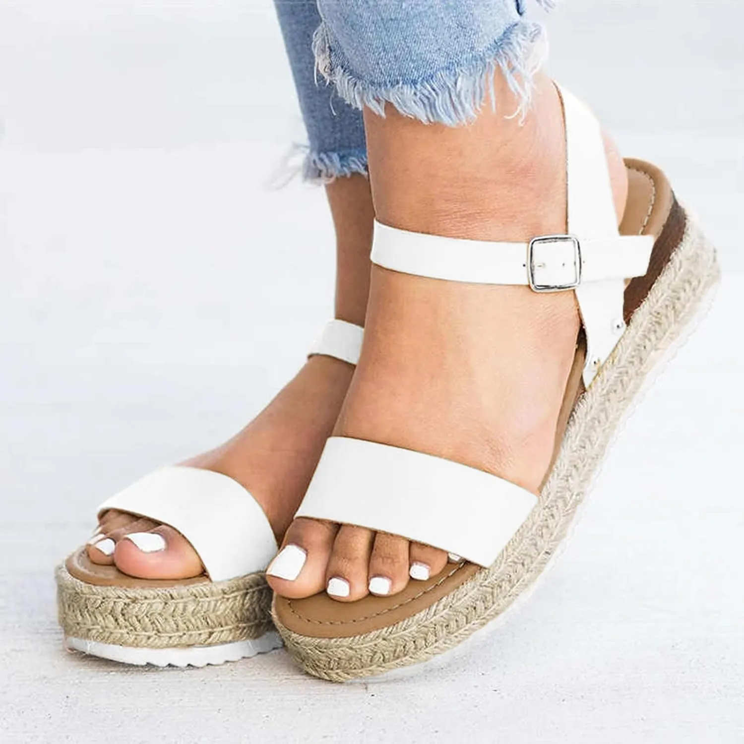 Espadrilles Wedges for Women Dressy Casual Open Toe Buckle Ankle Strap Espadrilles Flatform Wedge Sandals for Women Summer Beach Comfortable Walking Shoes
