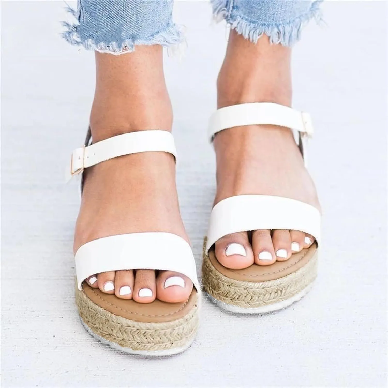 Espadrilles Wedges for Women Dressy Casual Open Toe Buckle Ankle Strap Espadrilles Flatform Wedge Sandals for Women Summer Beach Comfortable Walking Shoes