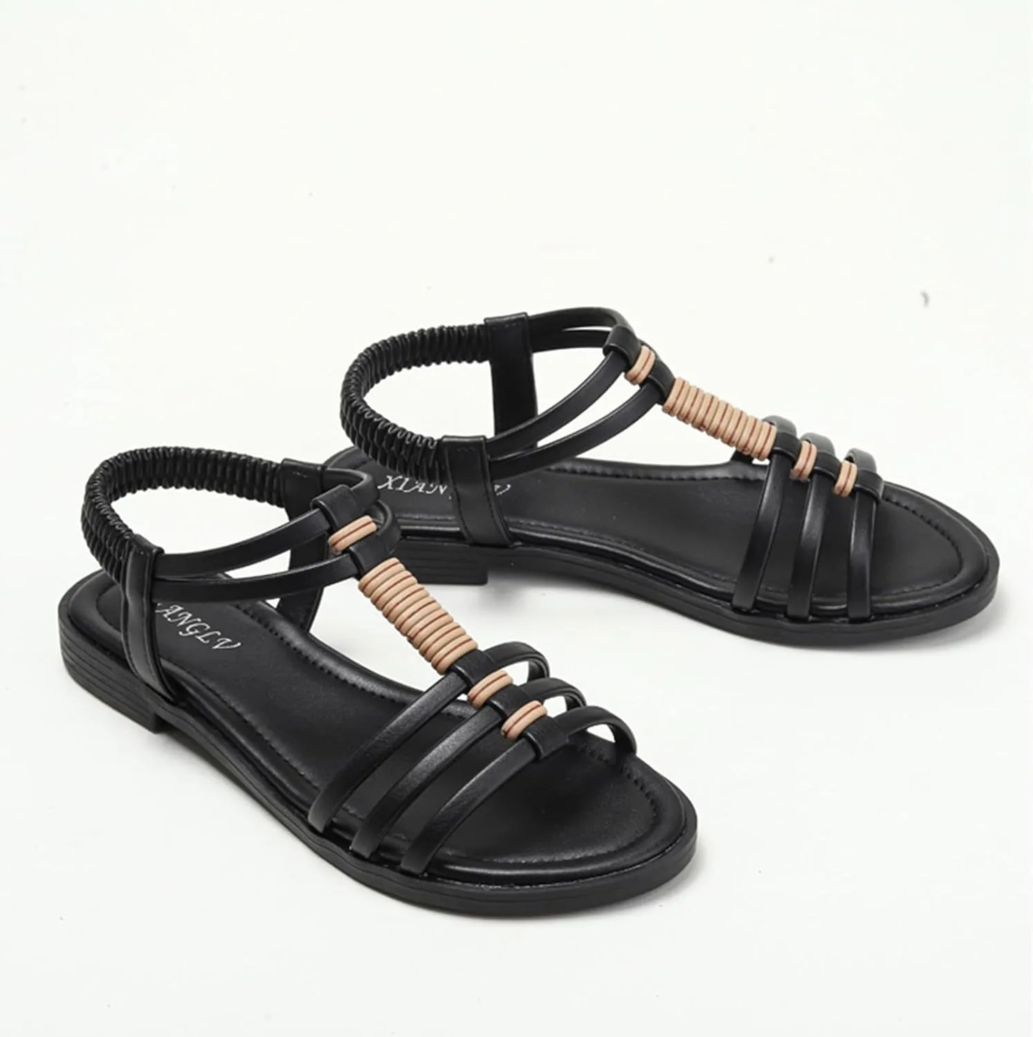 Flats for Women 2025 Gladiator Open Toe Beach Flats Slip On Ankle Elastic Sandals Dressy Casual Comfortable Walking Shoes Fashion Leather Vamp Summer Shoes