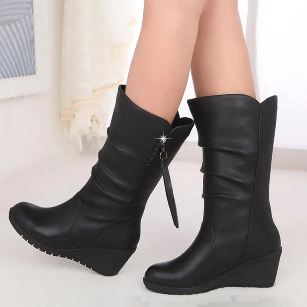 Hbeylia High Heels Boots For Women Ladies Fashion Casual Ruched Leather Round Toe Chunky Dress Pump Mid Calf Boots With Side Zipper Slouchy Motorcycle Riding Long Boots Winter Fall Dressy Tall Boot