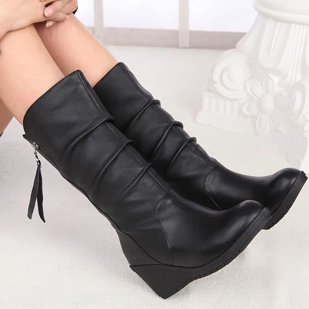 Hbeylia High Heels Boots For Women Ladies Fashion Casual Ruched Leather Round Toe Chunky Dress Pump Mid Calf Boots With Side Zipper Slouchy Motorcycle Riding Long Boots Winter Fall Dressy Tall Boot