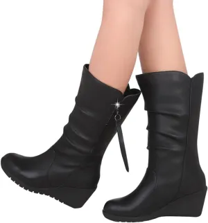 Hbeylia High Heels Boots For Women Ladies Fashion Casual Ruched Leather Round Toe Chunky Dress Pump Mid Calf Boots With Side Zipper Slouchy Motorcycle Riding Long Boots Winter Fall Dressy Tall Boot