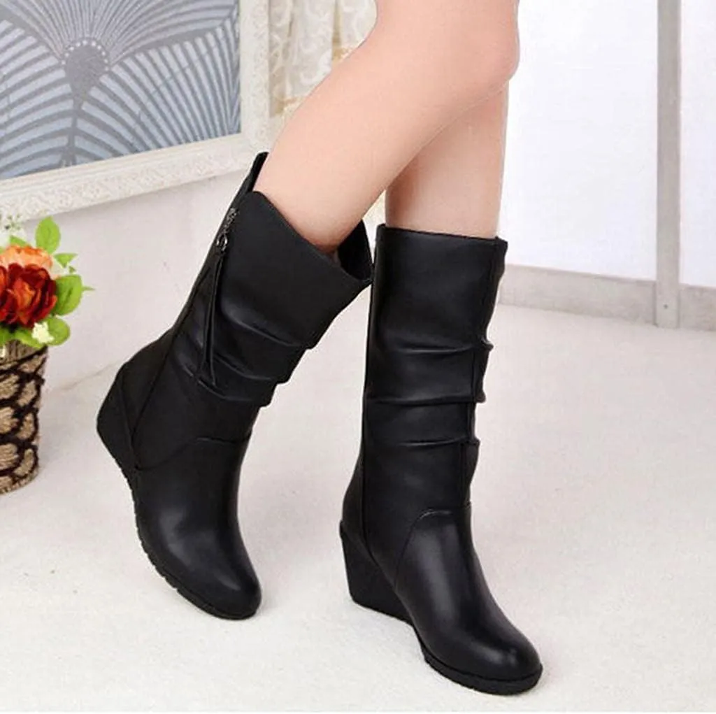 Hbeylia High Heels Boots For Women Ladies Fashion Casual Ruched Leather Round Toe Chunky Dress Pump Mid Calf Boots With Side Zipper Slouchy Motorcycle Riding Long Boots Winter Fall Dressy Tall Boot