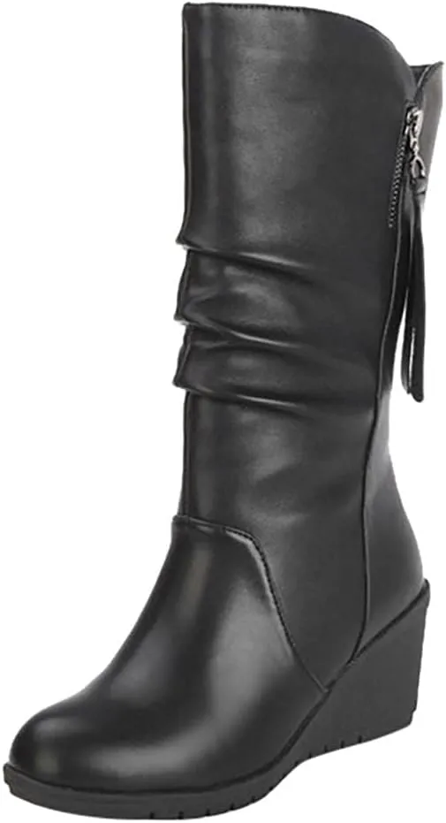 Hbeylia High Heels Boots For Women Ladies Fashion Casual Ruched Leather Round Toe Chunky Dress Pump Mid Calf Boots With Side Zipper Slouchy Motorcycle Riding Long Boots Winter Fall Dressy Tall Boot