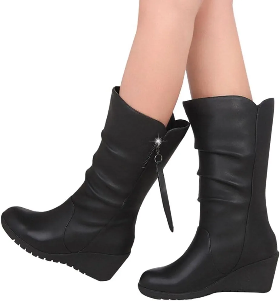 Hbeylia High Heels Boots For Women Ladies Fashion Casual Ruched Leather Round Toe Chunky Dress Pump Mid Calf Boots With Side Zipper Slouchy Motorcycle Riding Long Boots Winter Fall Dressy Tall Boot