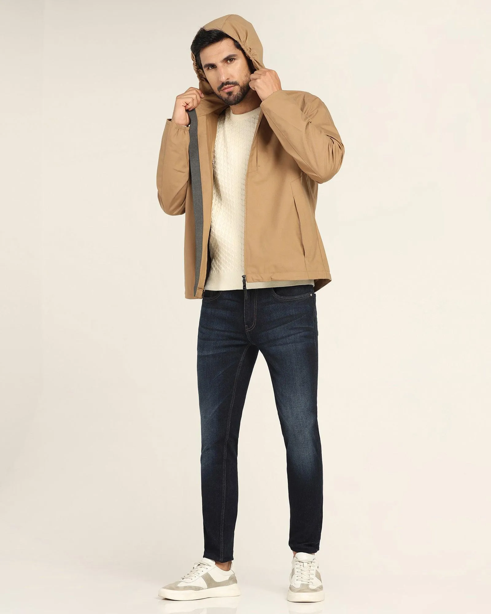 Hoodie Beige Solid Zipper Jacket - Liam