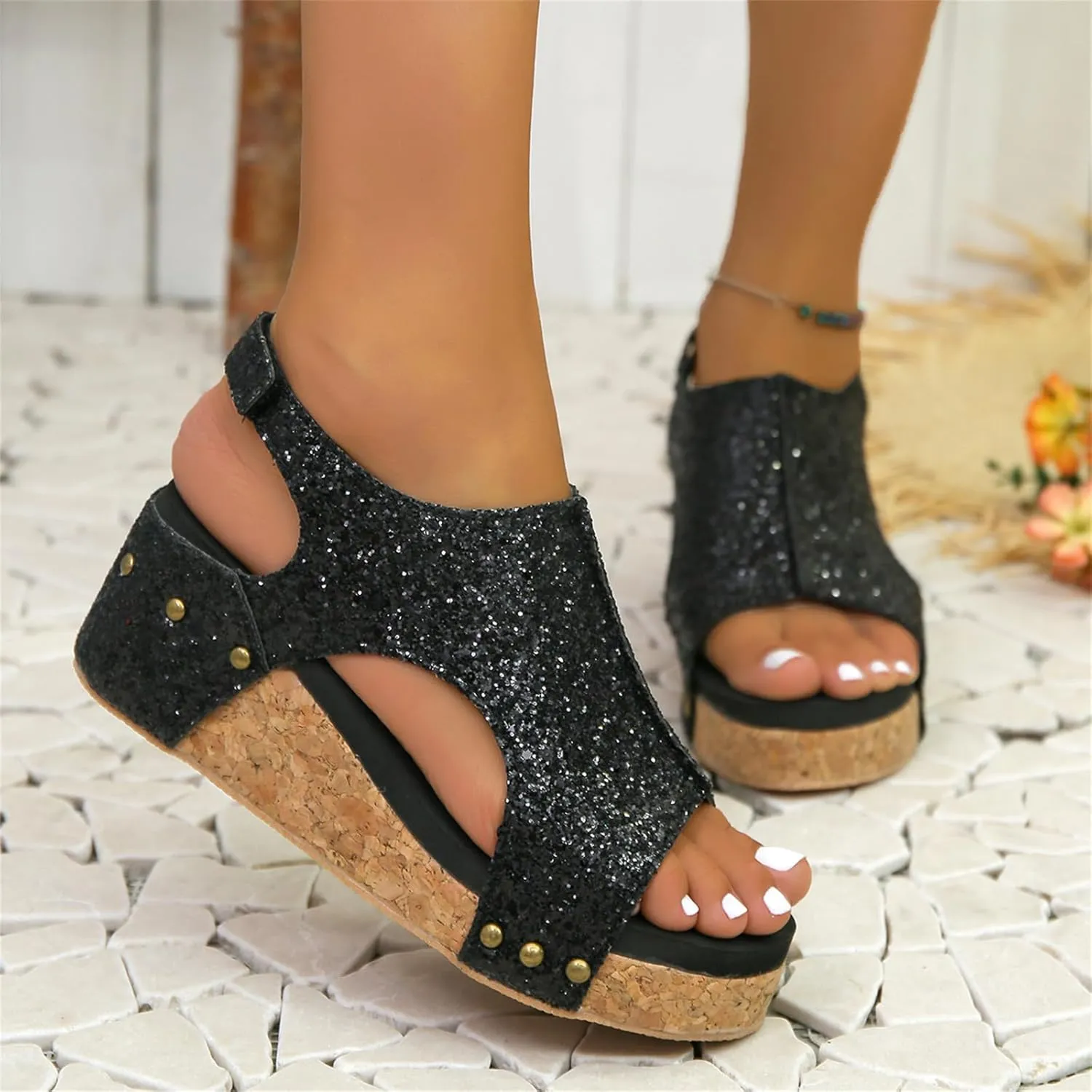 Ladmiple Sandals For Women 2024 Comfortable Wedge Platform Sandals Open Toe Sparkly Rhinestone Glitter Summer Dress Shoes