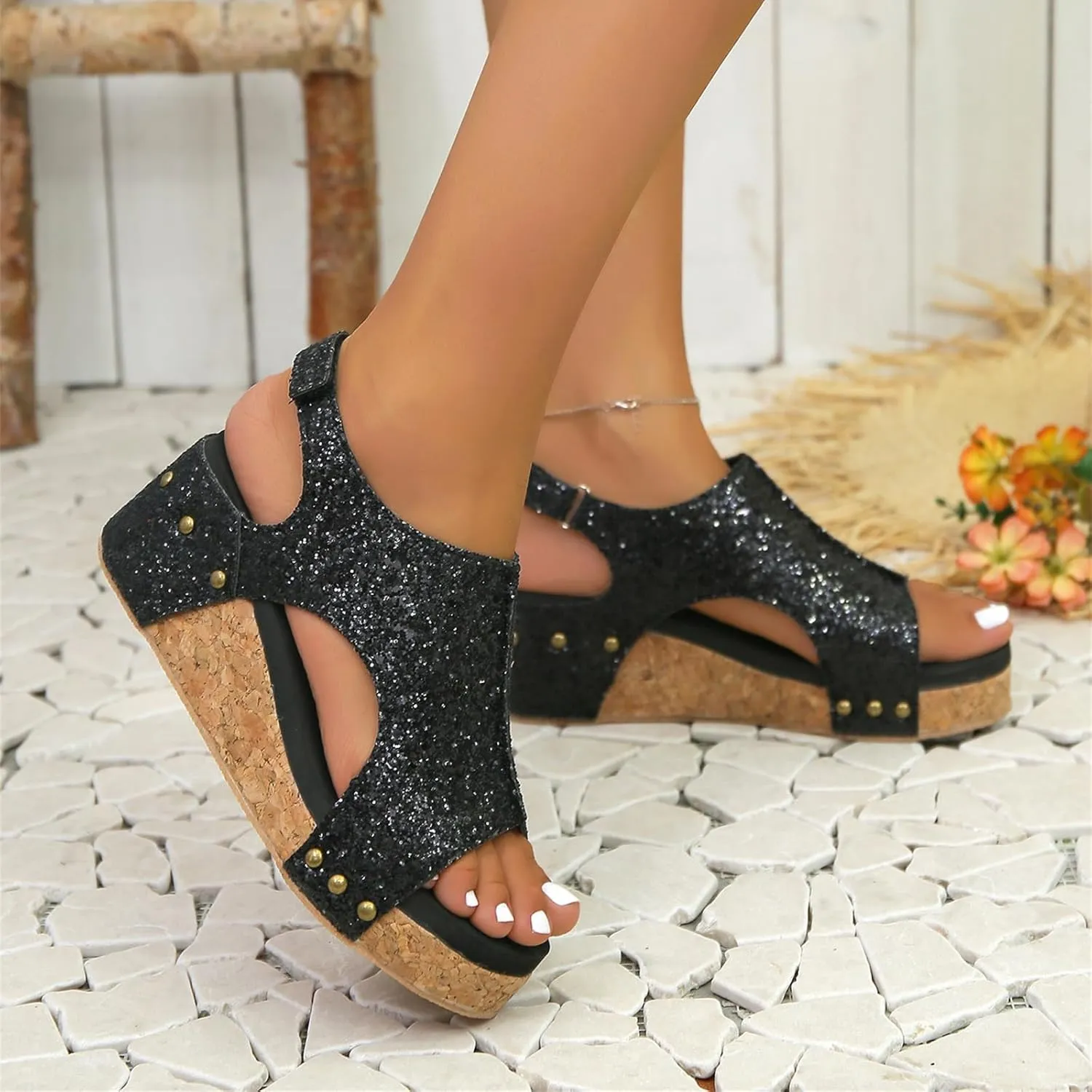 Ladmiple Sandals For Women 2024 Comfortable Wedge Platform Sandals Open Toe Sparkly Rhinestone Glitter Summer Dress Shoes
