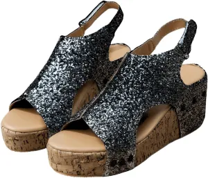 Ladmiple Sandals For Women 2024 Comfortable Wedge Platform Sandals Open Toe Sparkly Rhinestone Glitter Summer Dress Shoes