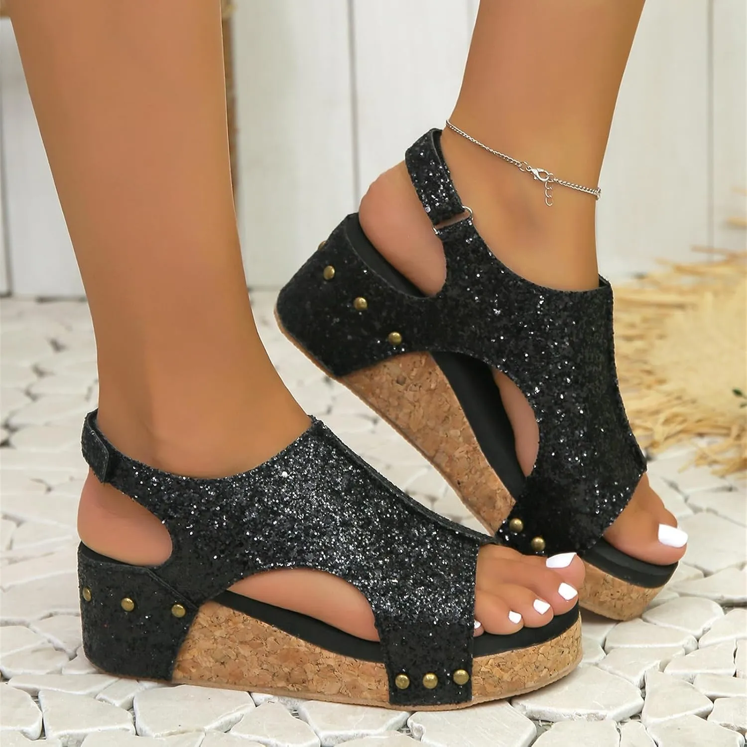 Ladmiple Sandals For Women 2024 Comfortable Wedge Platform Sandals Open Toe Sparkly Rhinestone Glitter Summer Dress Shoes