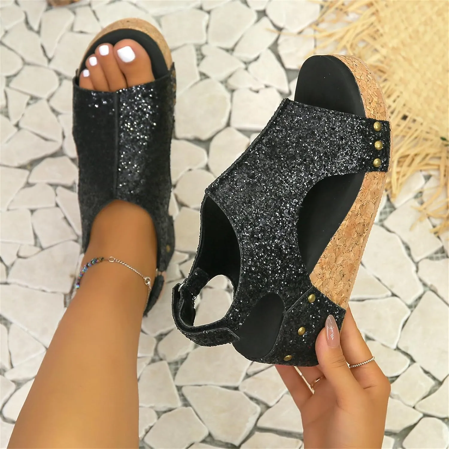 Ladmiple Sandals For Women 2024 Comfortable Wedge Platform Sandals Open Toe Sparkly Rhinestone Glitter Summer Dress Shoes