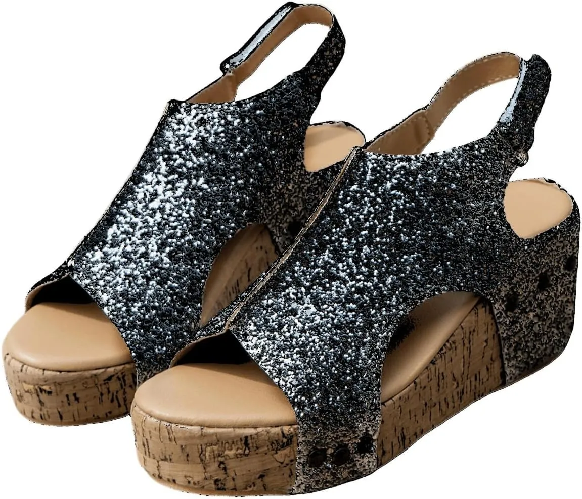 Ladmiple Sandals For Women 2024 Comfortable Wedge Platform Sandals Open Toe Sparkly Rhinestone Glitter Summer Dress Shoes