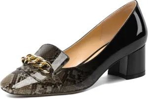 MOVINSTEPS Womens Slip On Square Toe Metal Chain Office Loafers Patent Chunky Low Heel Pumps Shoes 2 Inch