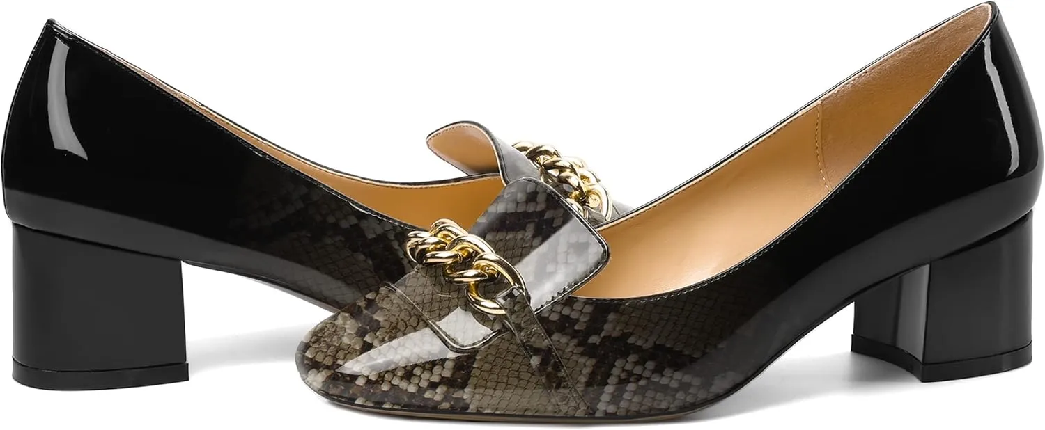 MOVINSTEPS Womens Slip On Square Toe Metal Chain Office Loafers Patent Chunky Low Heel Pumps Shoes 2 Inch