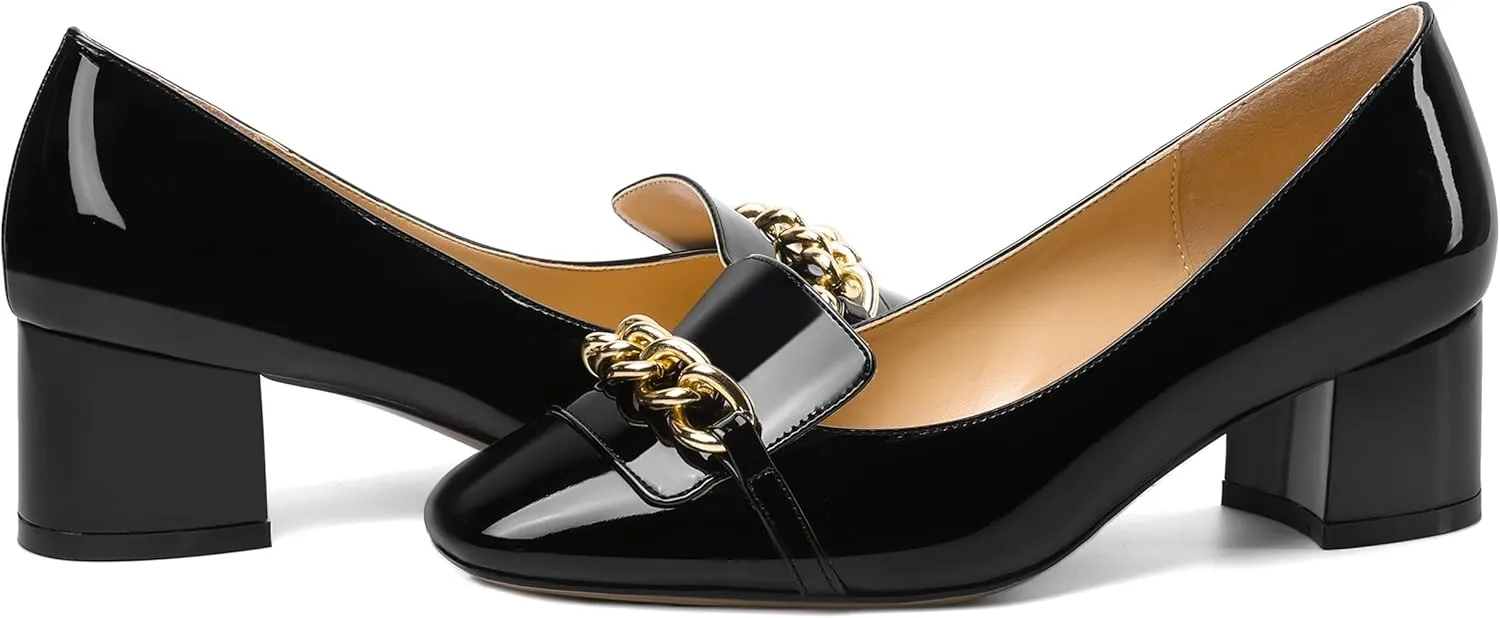 MOVINSTEPS Womens Slip On Square Toe Metal Chain Office Loafers Patent Chunky Low Heel Pumps Shoes 2 Inch