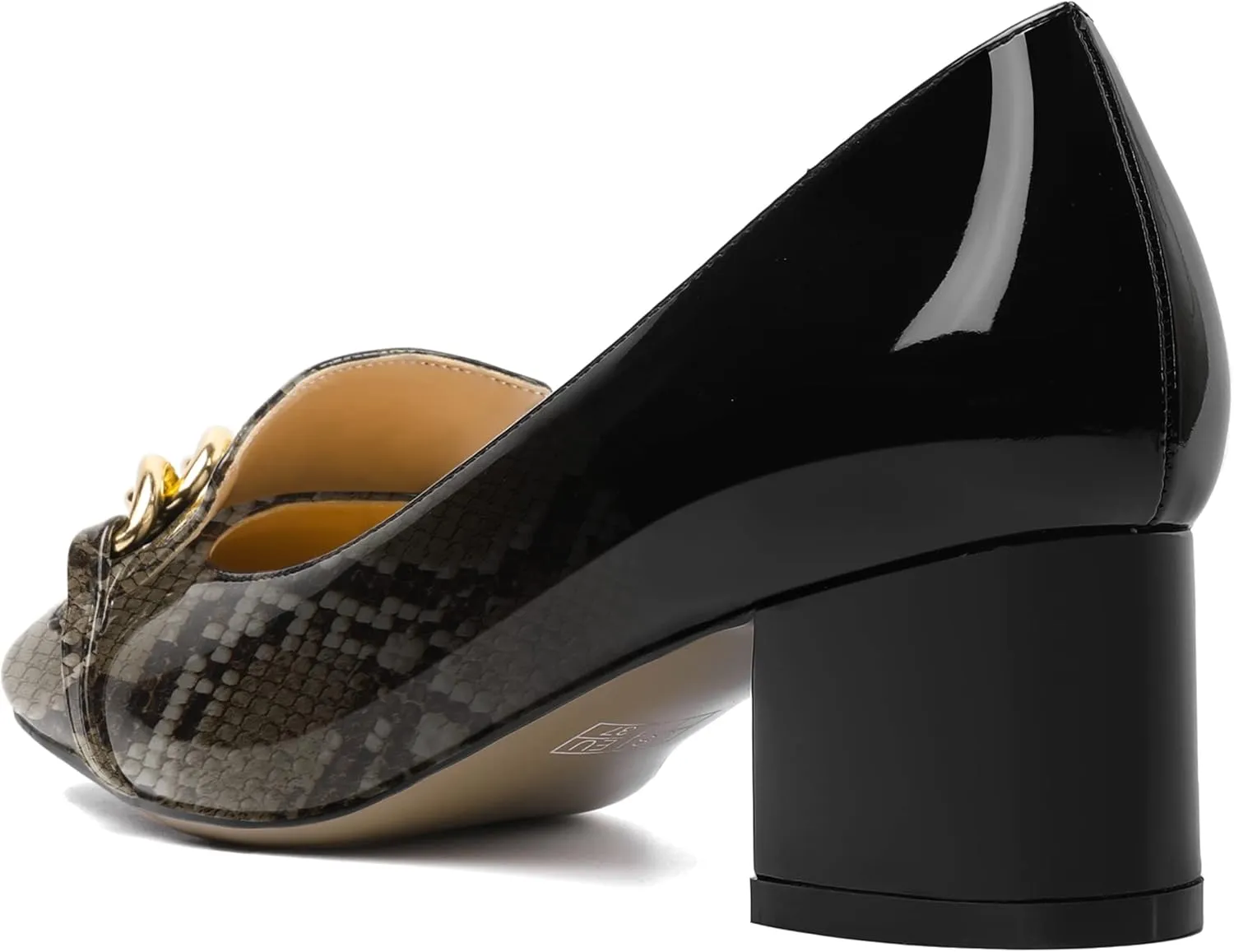 MOVINSTEPS Womens Slip On Square Toe Metal Chain Office Loafers Patent Chunky Low Heel Pumps Shoes 2 Inch