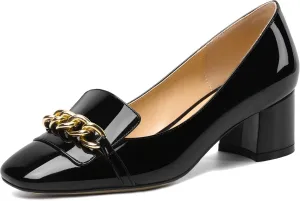 MOVINSTEPS Womens Slip On Square Toe Metal Chain Office Loafers Patent Chunky Low Heel Pumps Shoes 2 Inch