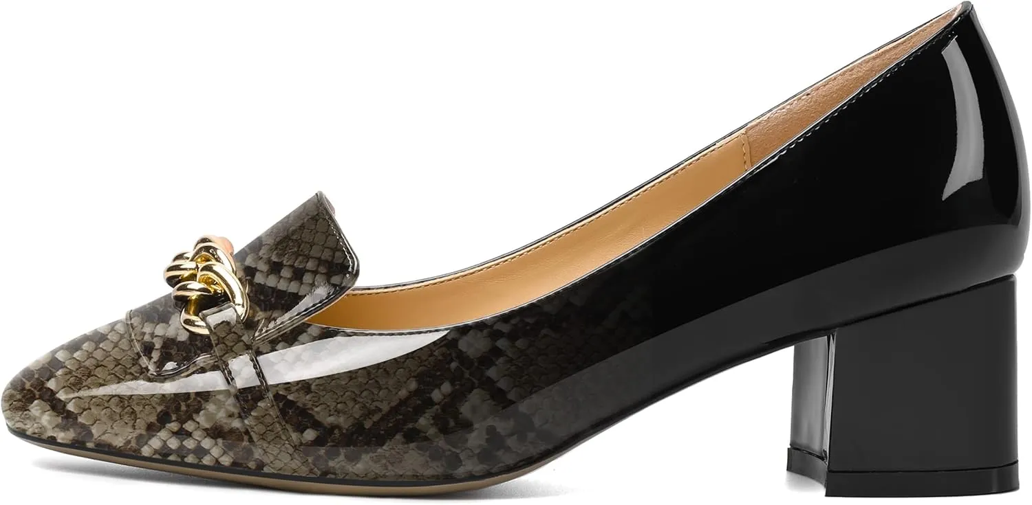 MOVINSTEPS Womens Slip On Square Toe Metal Chain Office Loafers Patent Chunky Low Heel Pumps Shoes 2 Inch