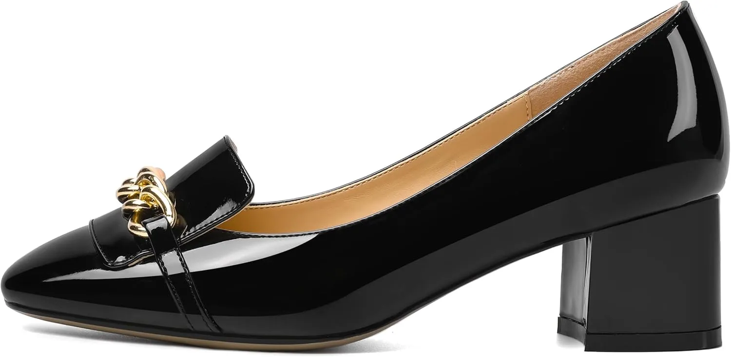 MOVINSTEPS Womens Slip On Square Toe Metal Chain Office Loafers Patent Chunky Low Heel Pumps Shoes 2 Inch