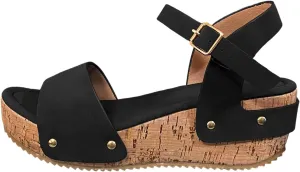 Open Toe Buckle Ankle Strap Espadrilles Flatform Wedge Casual Sandals Flatform Studded Wedge Sandals, Summer Platform Dress Shoes Casual Comfortable Non Slip Espadrilles