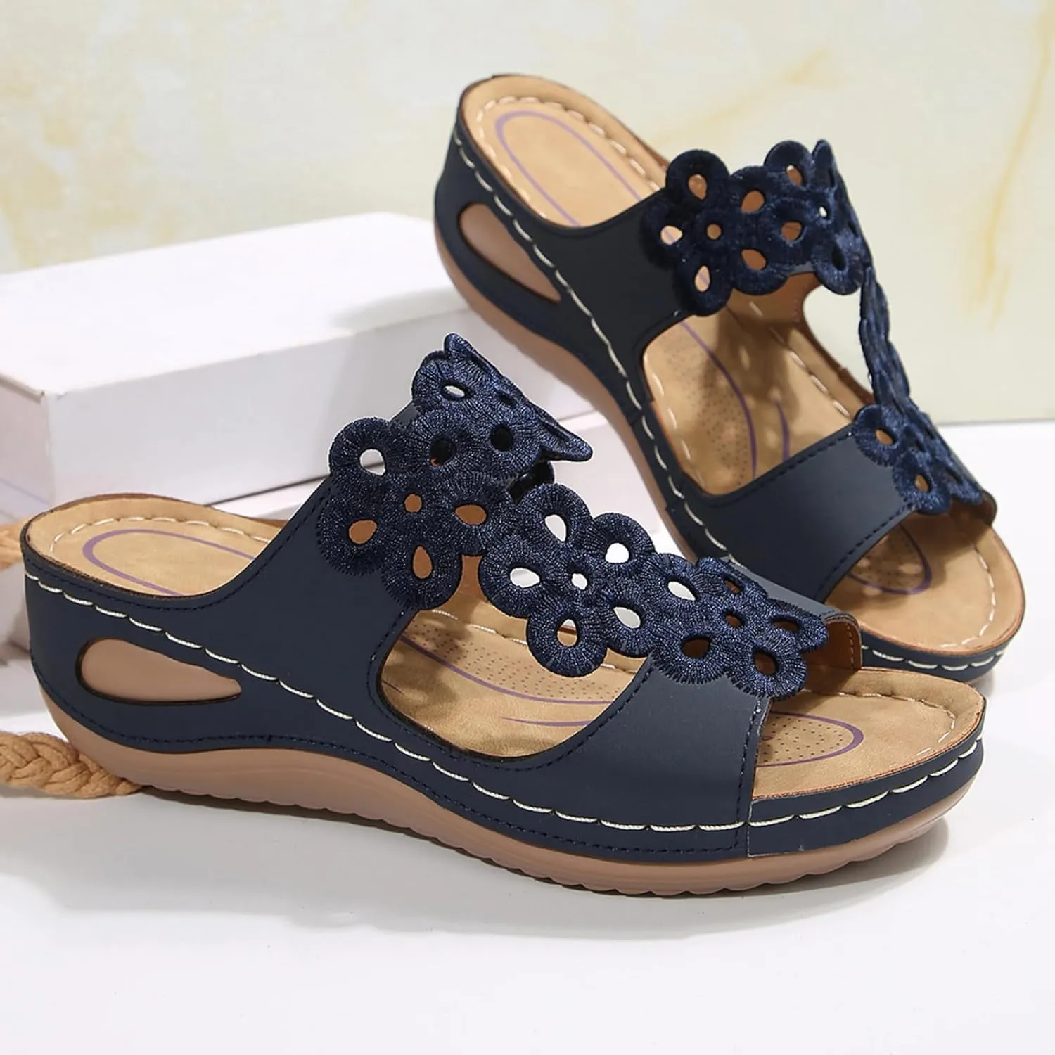 Orthopedic Sandals for Women Comfortable Low Wedge Slides Sandals Fish Mouth Hollow Out Flower Slippers Fashion Casual Slip On Summer Shoes Indoor Outdoor
