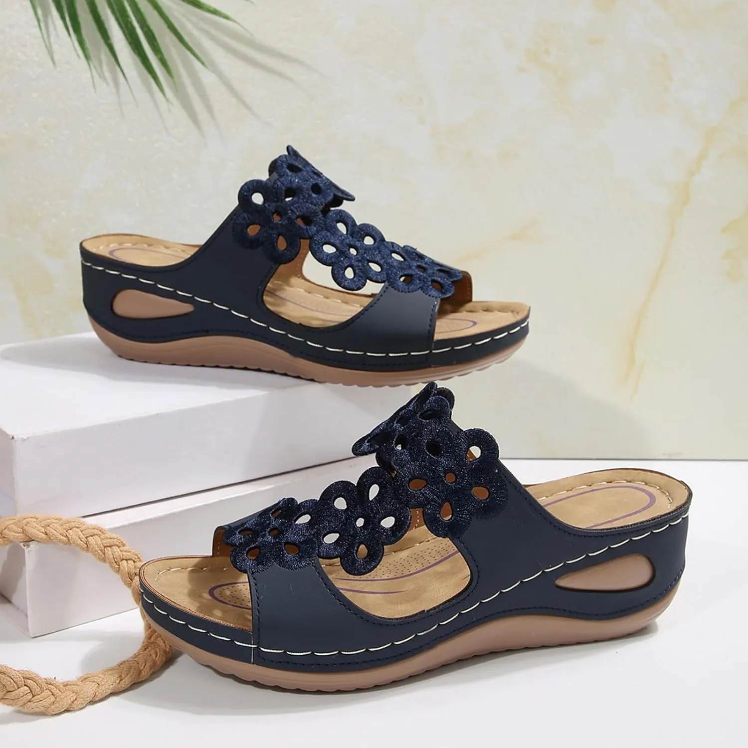Orthopedic Sandals for Women Comfortable Low Wedge Slides Sandals Fish Mouth Hollow Out Flower Slippers Fashion Casual Slip On Summer Shoes Indoor Outdoor