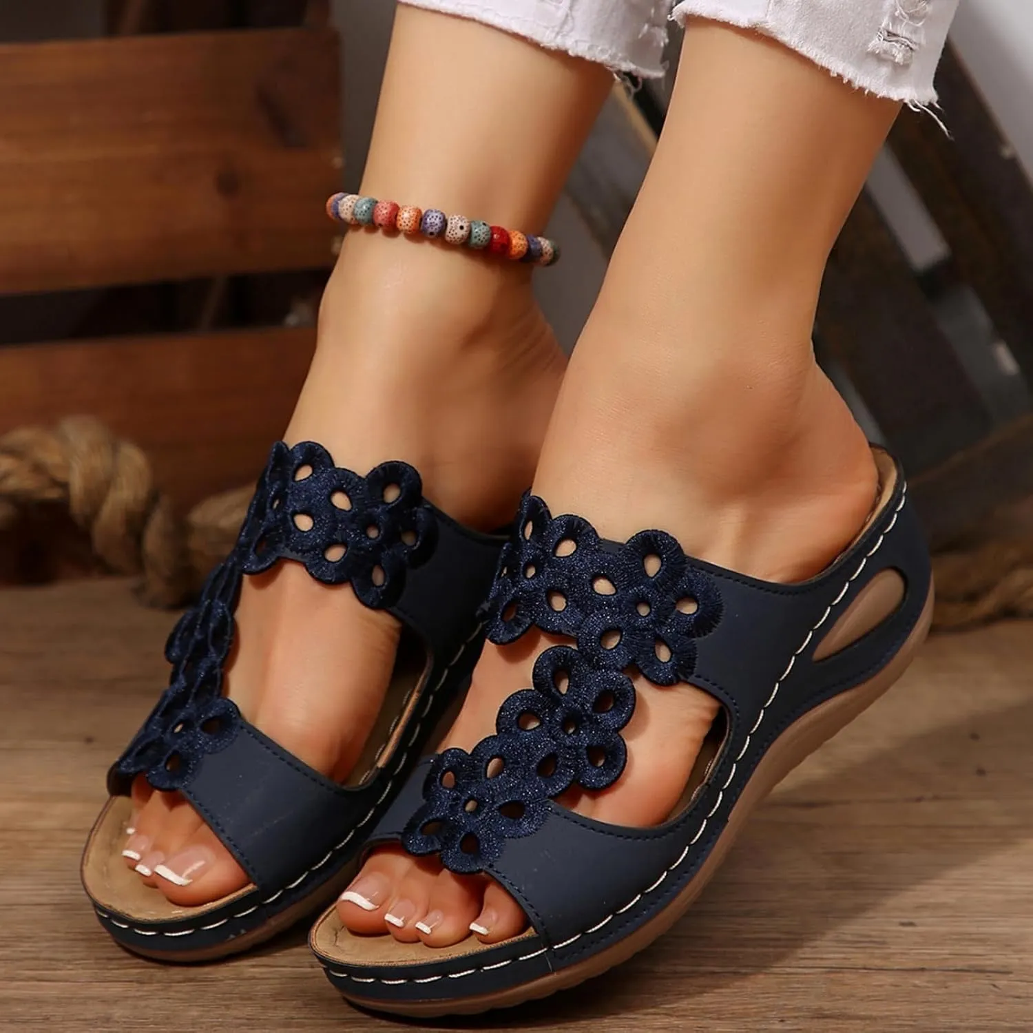 Orthopedic Sandals for Women Comfortable Low Wedge Slides Sandals Fish Mouth Hollow Out Flower Slippers Fashion Casual Slip On Summer Shoes Indoor Outdoor