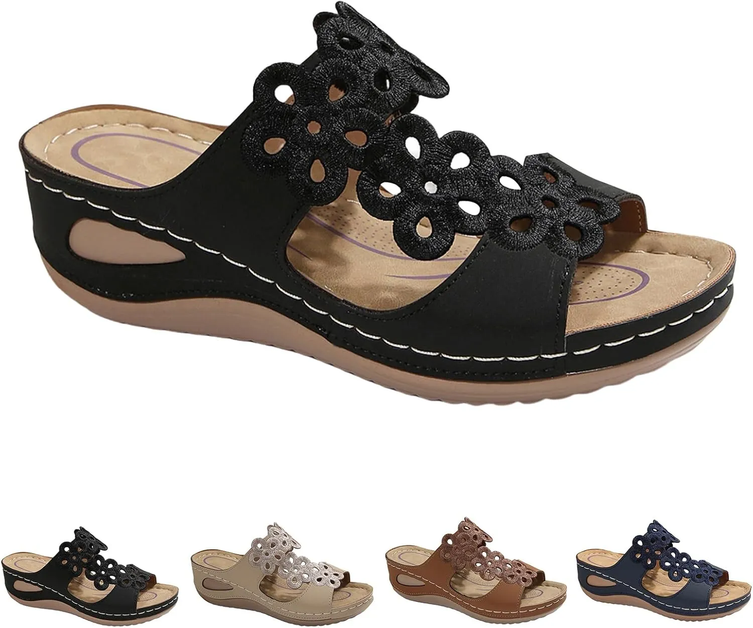 Orthopedic Sandals for Women Comfortable Low Wedge Slides Sandals Fish Mouth Hollow Out Flower Slippers Fashion Casual Slip On Summer Shoes Indoor Outdoor
