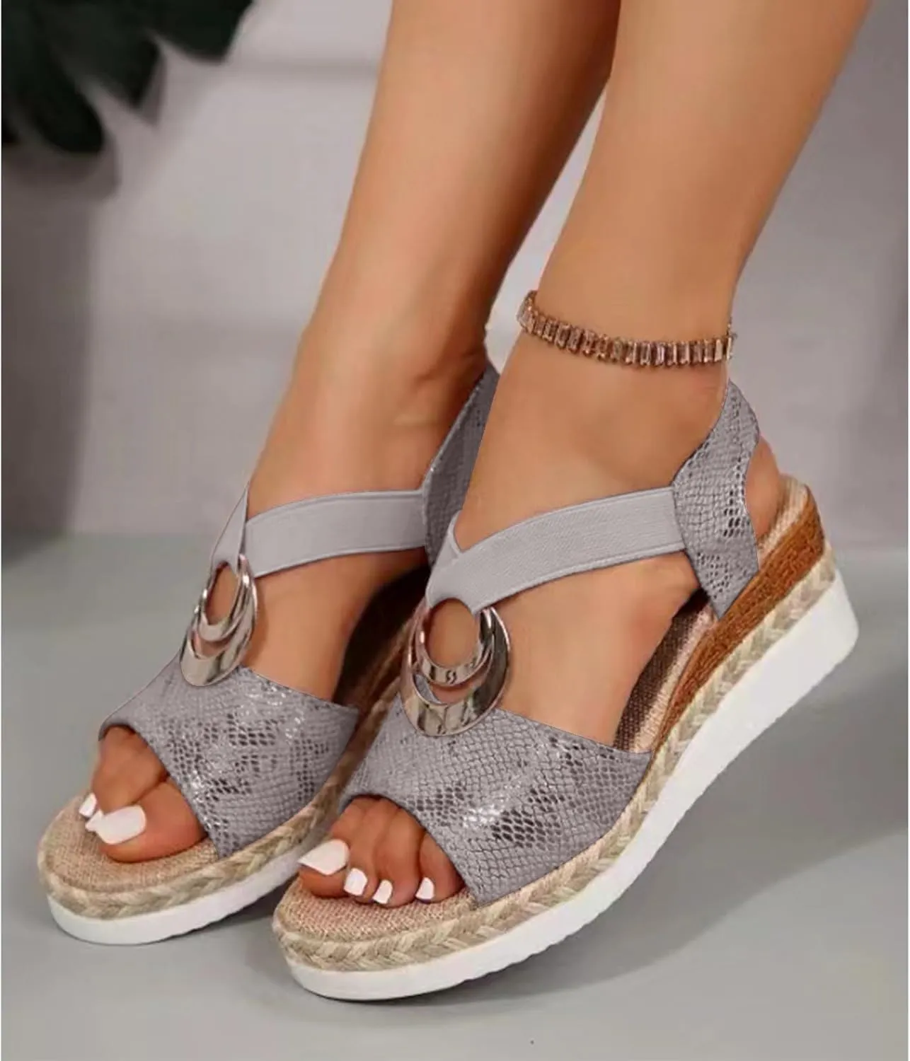 Orthopedic Sandals for Women Metal Trim Leather Wedge Sandals Open Toe Ankle Strap Sandal Woven Flax Sole Platform Shoes Comfortable Arch Support Summer Shoes