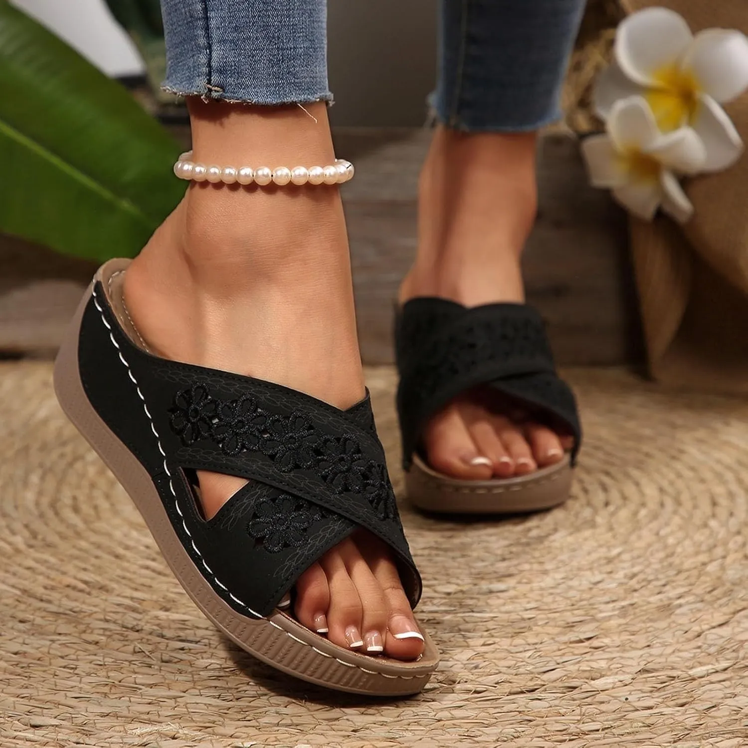 Orthopedic Sandals for Women Open Toe Wedge Sandals Arch Support Casual Walking Shoes Slip On Platform Shoes Comfortable Non Slip Beach Sandal Dressy Summer Shoe