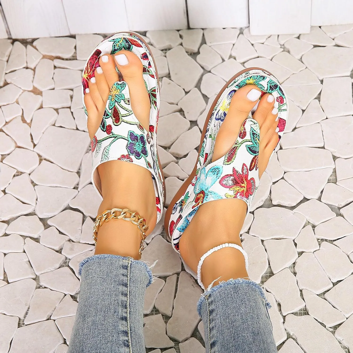 Orthopedic Sandals For Women Pattern Floral Print Flip Flop Wedge Lightweight And Comfortable Summer Vegan Woman Shoes