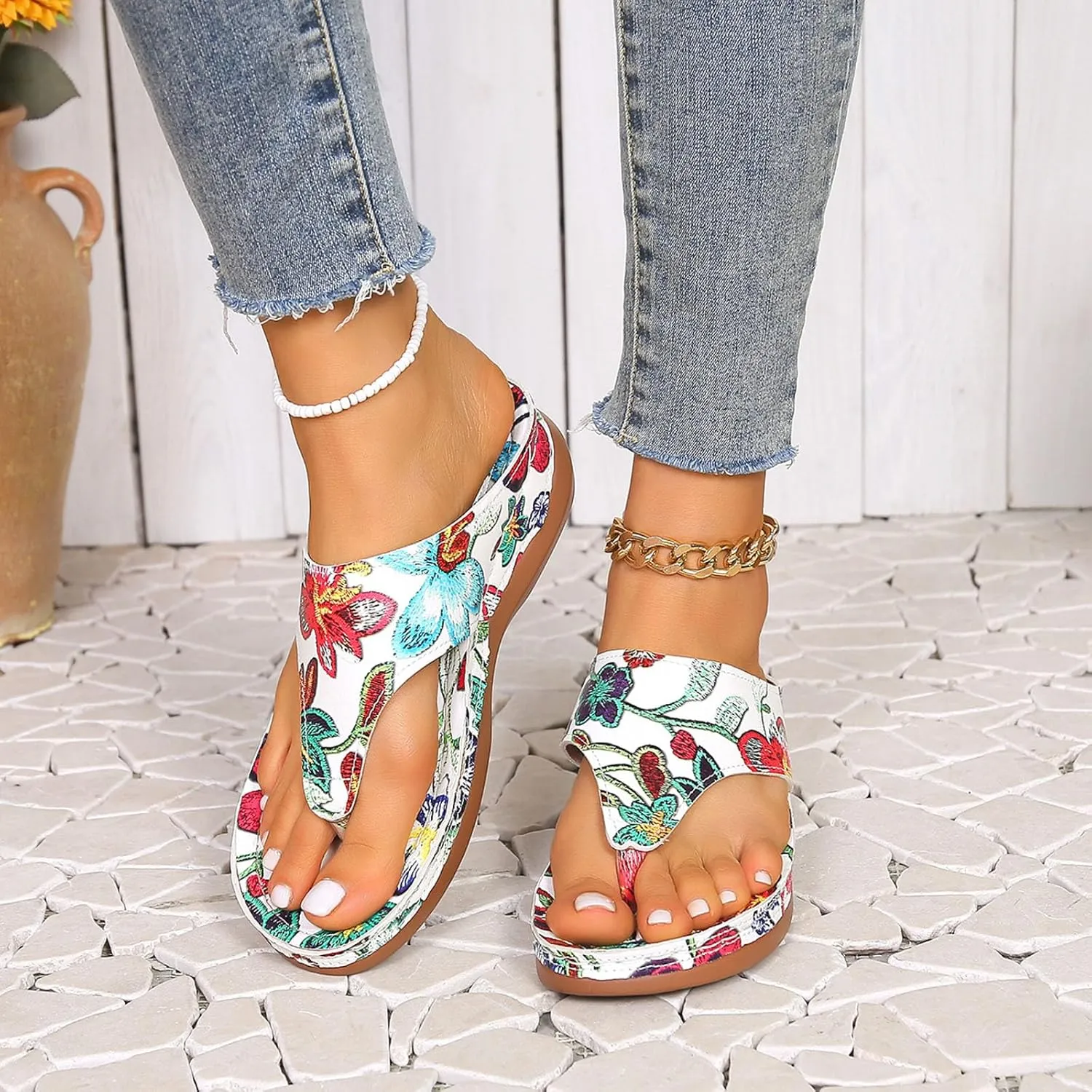 Orthopedic Sandals For Women Pattern Floral Print Flip Flop Wedge Lightweight And Comfortable Summer Vegan Woman Shoes