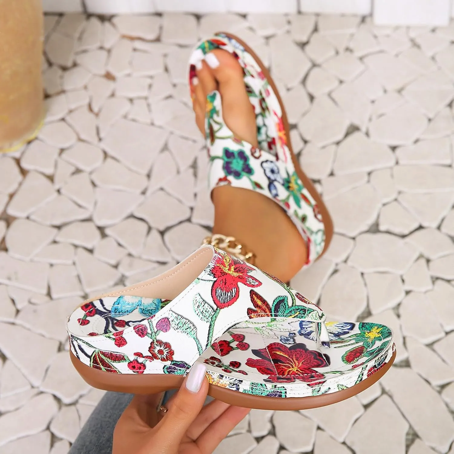 Orthopedic Sandals For Women Pattern Floral Print Flip Flop Wedge Lightweight And Comfortable Summer Vegan Woman Shoes